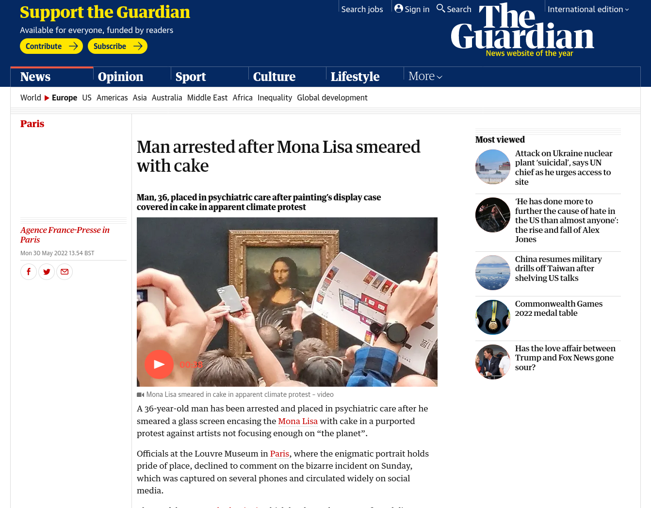 A cut from The Guardian reporting a news about the Mona Lisa Cake incident.
